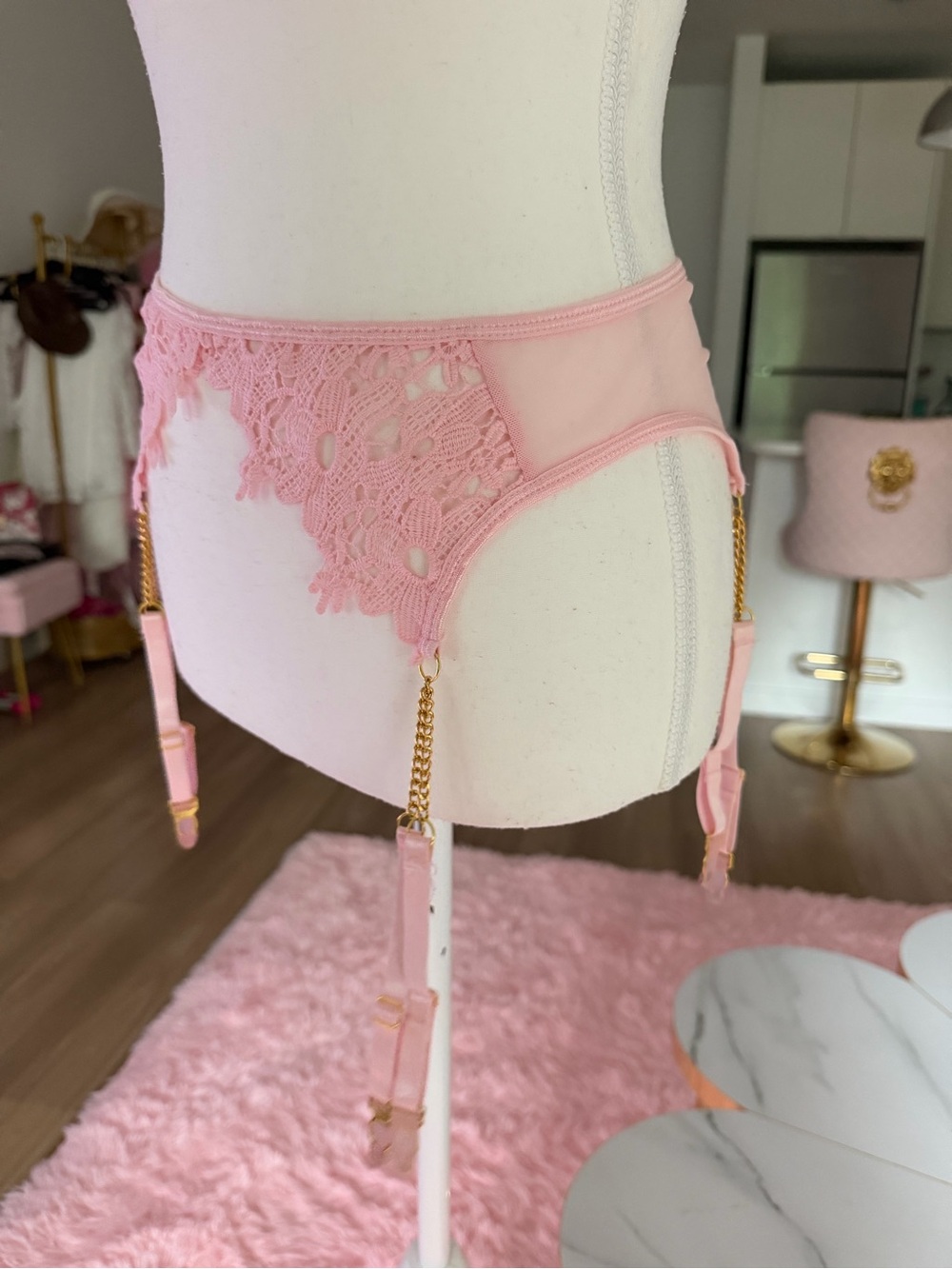 Y2K Pink Lace Garter Belt with Gold Chains size S
